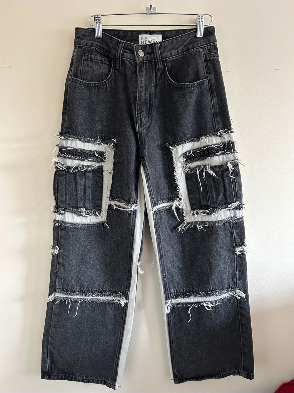 Kate Hewko Black Distressed Wide-Leg Jeans, Size S